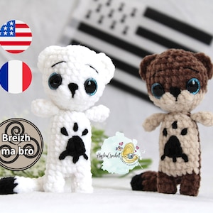 Amigurumi crochet doll Pattern : Gwenn ha the stoat | low sew | stoat | breizh| keychain| in English and in French