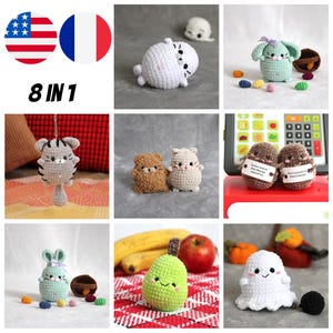 Puede incluir: Una colección de juguetes amigurumi de ganchillo hechos a mano, que incluyen una foca blanca, un llavero de gato gris, un oso marrón, un hámster marrón claro, dos figuras marrones en forma de huevo, un conejito verde, una pera verde y un fantasma blanco. La imagen también incluye el texto "8 IN 1".