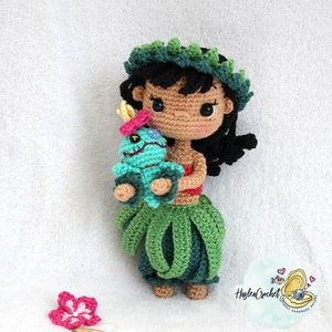Modèle de poupée Amigurumi au crochet : Lilo et Scrump la tahitienne en anglais et en français image 5