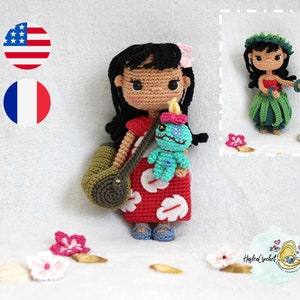 Modèle de poupée Amigurumi au crochet : Lilo et Scrump la tahitienne en anglais et en français image 1