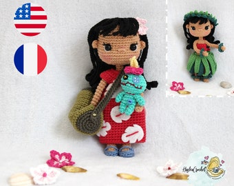 Amigurumi-Puppe Häkelanleitung: Lilo und Scrump das Hula-Mädchen in Englisch und Französisch