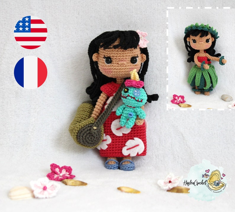 Modèle de poupée Amigurumi au crochet : Lilo et Scrump la tahitienne en anglais et en français image 1