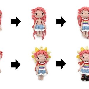 May include: A step-by-step guide showing how to crochet a doll with pink hair, a rainbow striped top, blue denim shorts, and a yellow flower crown. The doll is wearing white shoes.