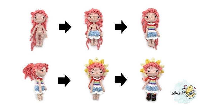 May include: A step-by-step guide showing how to crochet a doll with pink hair, a rainbow striped top, blue denim shorts, and a yellow flower crown. The doll is wearing white shoes.