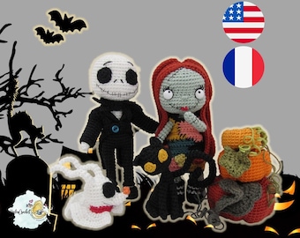 Bundle Mr Jack & Sally (+ Zero the dog) Amigurumi doll crochet Pattern in English and French