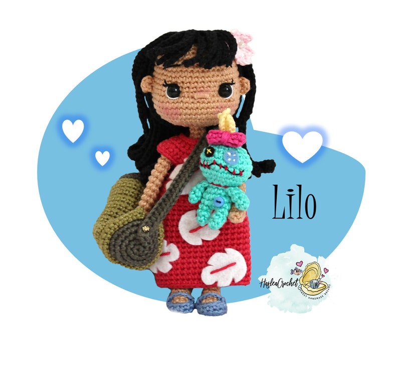 Modèle de poupée Amigurumi au crochet : Lilo et Scrump la tahitienne en anglais et en français image 9