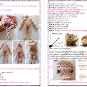 May include: Crochet doll pattern instructions with detailed diagrams and written instructions for making a doll's head, body, and arms. The pattern includes instructions for creating the doll's eyes and hair.