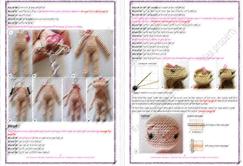 May include: Crochet doll pattern instructions with detailed diagrams and written instructions for making a doll's head, body, and arms. The pattern includes instructions for creating the doll's eyes and hair.