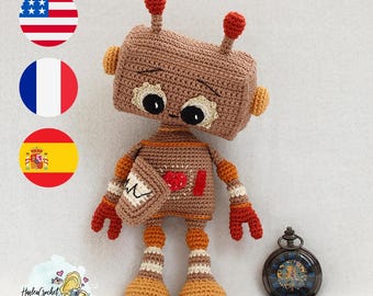 Amigurumi crochet doll Pattern : WiLo Wireless Love robot in English, Spanish and in French