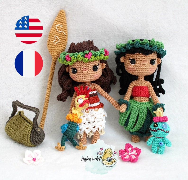 Bundle Lilo & Moana Amigurumi doll crochet Pattern in English and French image 1