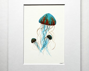 Copper-Turquoise Jellyfish fine art PRINT, sea life, wall decor, home decor, gift for him/her.