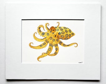 Blue Ring Octopus fine art matted PRINT, sea life, home decor, Wall decor, gift for him/her.