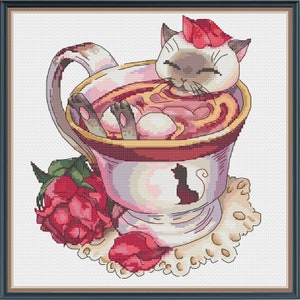 Cross Stitch Pattern "Cat in Rose Tea" PDF Instant Download Pattern Xstitch Cute Cross Stitch Embroidery