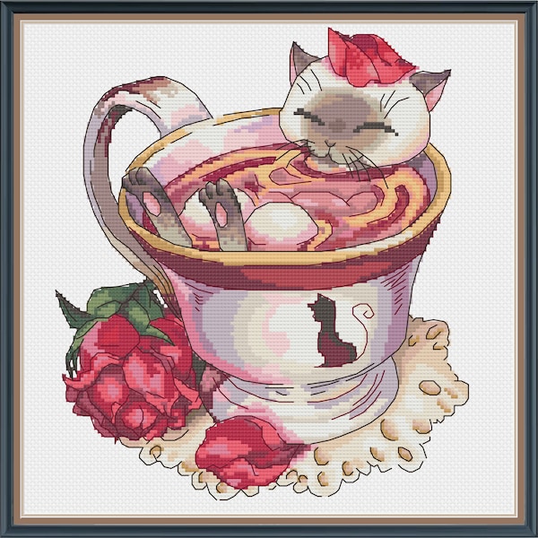 Cross Stitch Pattern "Cat in Rose Tea" PDF Instant Download Pattern Xstitch Cute Cross Stitch Embroidery