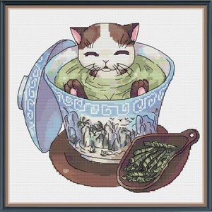 Cross Stitch Pattern "Cat in Chinese Green Tea" PDF Instant Download Pattern Xstitch Cute Cross Stitch Embroidery