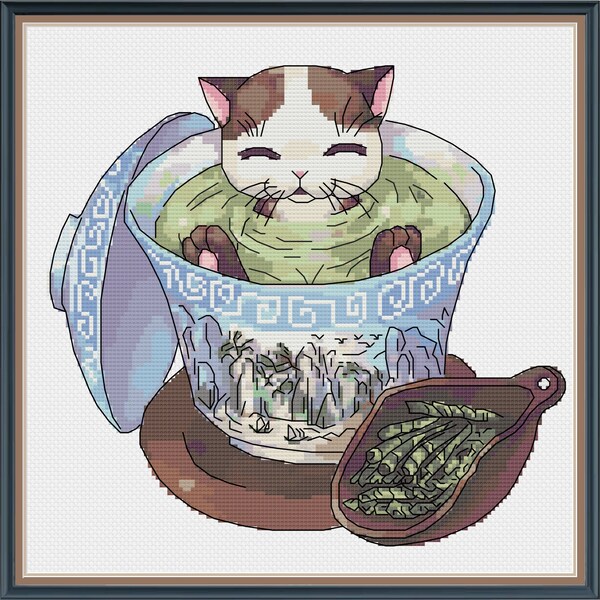 Cross Stitch Pattern "Cat in Chinese Green Tea" PDF Instant Download Pattern Xstitch Cute Cross Stitch Embroidery