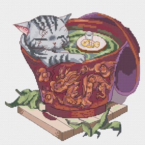 Cross Stitch Pattern "Cat in Oolong Cha" PDF Instant Download Pattern Xstitch Cute Cross Stitch Embroidery