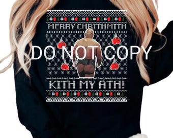 May include: Black Christmas sweater with a white, red, and green pattern. It features a man in boxing shorts and the text "Merry Chrithmith Kith My Ath!"