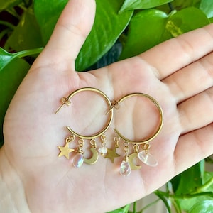 Celestial Moonstone Charm Hoop Earrings | Crystal Jewelry | Hippie Jewelry | Bohemian Jewelry