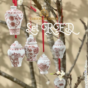 Combo of 6 mini-jars Chinoiserie Red Porcelain Hanging Ornaments - High quality ceramic sets with various shapes