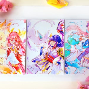 Genshin Impact x Pokemon-afdrukken in aquarel - Yae / Raiden / Kokomi