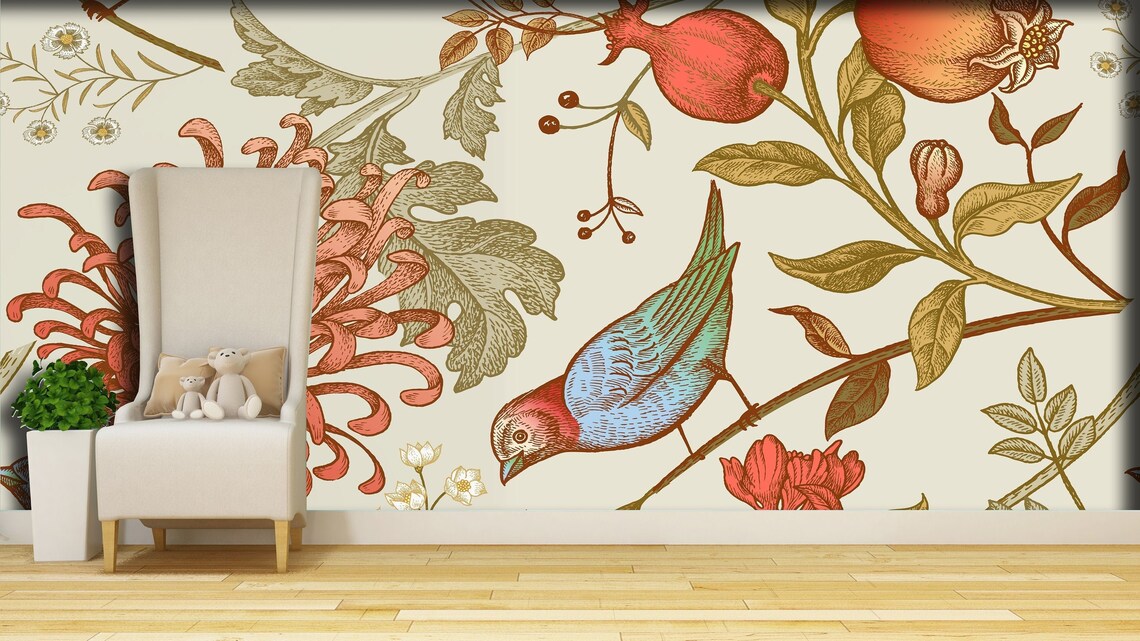 Photo Wallpaper Colorful Birds And Flowers Removable Etsy