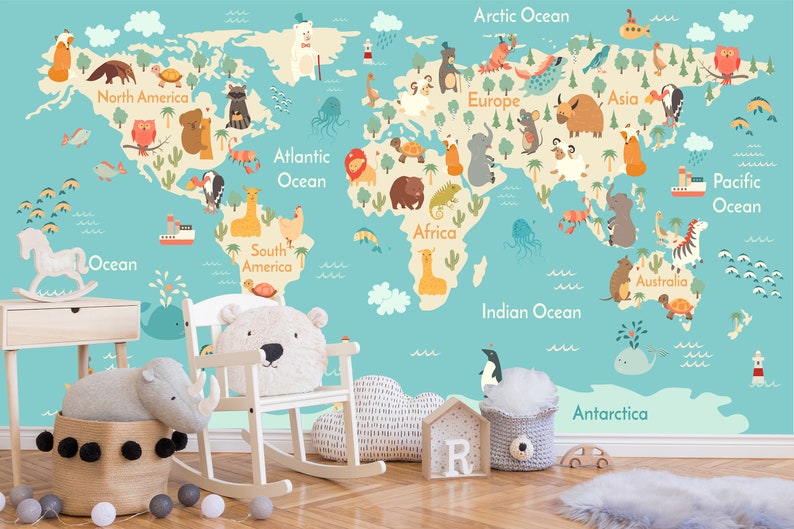 Kids World Map Wallpaper Educational World Map Nursery Kids Etsy