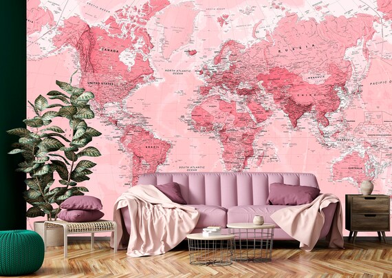 Pink World Map Wallpaper Pink World Map Wallpaper Peel And Stick Earth World Old Travel | Etsy Canada