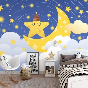 Kids Wallpaper Star Night Nursery Cartoon Baby Girl Kids Boy Non Woven Peel And Stick Removable Wall Mural