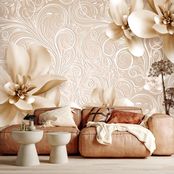 3D Floral Wallpaper Bouquet Flower Blossom Bedroom Living Room Gold Flower Peel and Stick Self Self Adhesive Wall Mural