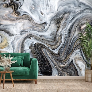 abstract malachite green wavy lines gold glitter veins modern marbling Peel  and Stick Wallpaper Removable Self-Adhesive Large Wallpaper Roll Wall