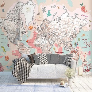 Kids Map Wallpaper World Map Animal Cartoon Children Baby Girl Kids Boy Peel And Stick Non Woven Peel And Stick Removable Wall Mural