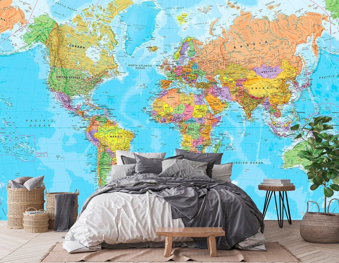 World Map Wallpaper Peel and Stick Earth World Old Travel Etsy