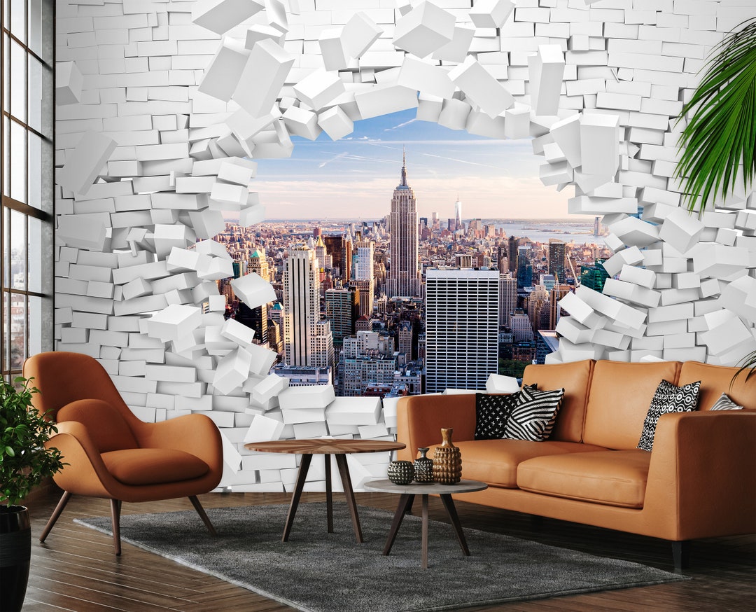 Brick Wallpaper New York NYC Skyline 3d White Brick Retro Peel and