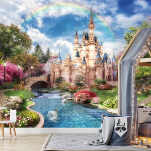 Kids Wallpaper Beautiful Princess Castle Nursery Fairytale Peel and Stick Removable Non Woven Kids Room Trendy Decor