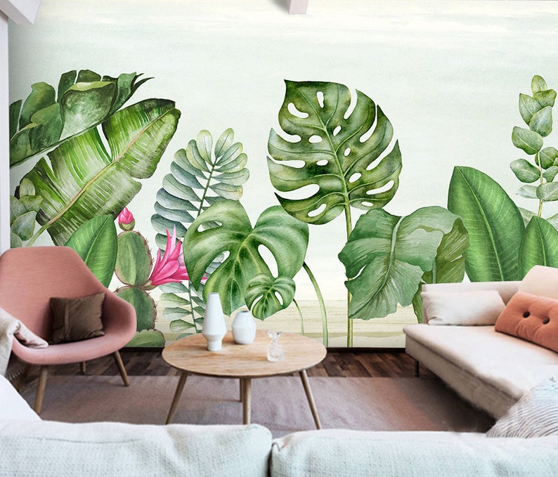 Monstera Leaf Wallpaper Tropical Leaves Green Peel and Stick Etsy