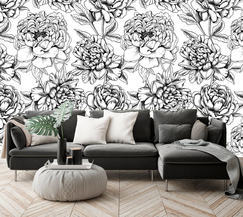 Black and White Flower Wallpaper Illustrated Beautiful - Etsy