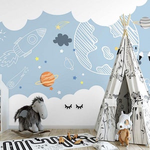Kids Space Wallpaper Nursery Planet  Cartoon Baby Girl Kids Boy Non Woven Peel And Stick Removable Wall Mural