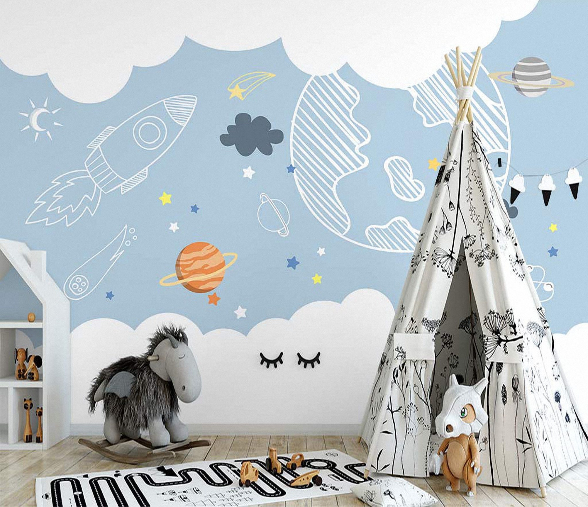 Kids Space Wallpaper Nursery Cartoon Baby Girl Kids Boy Etsy