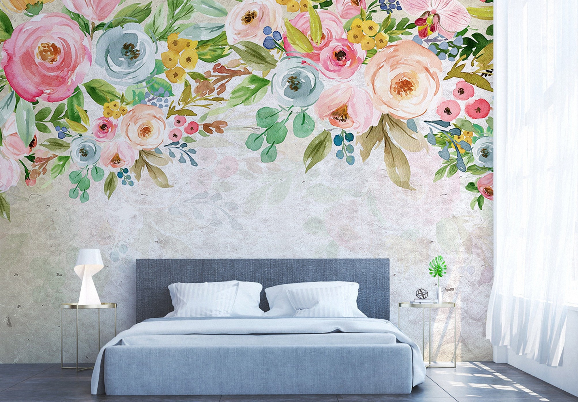 Rose Flower Wallpaper Hand Painted Vintage Fabric Floral Peel Etsy UK