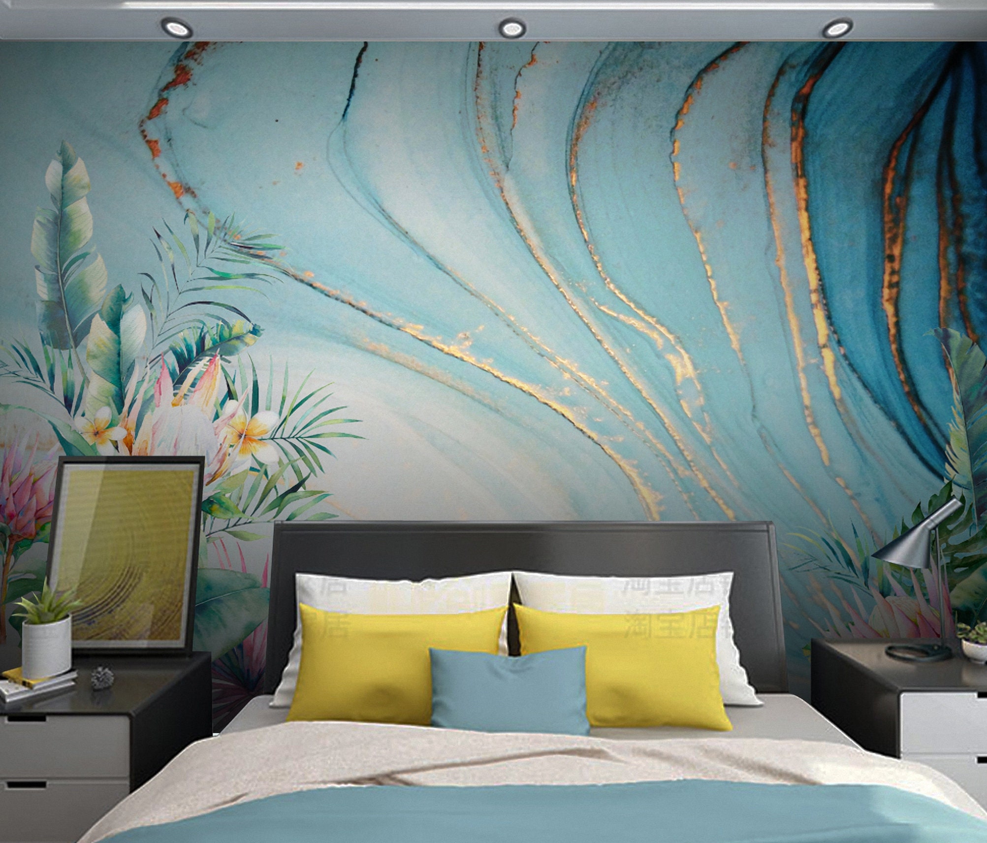 Abstract Wallpaper Tropical Gold Blue Peel and Stick Self - Etsy UK