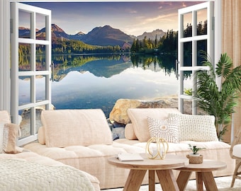 Lake Wallpaper Window Mountains Forest Foggy Removable Non Woven Peel And Stick Self Adhesive Landscape Nature Wall Mural Fototapete