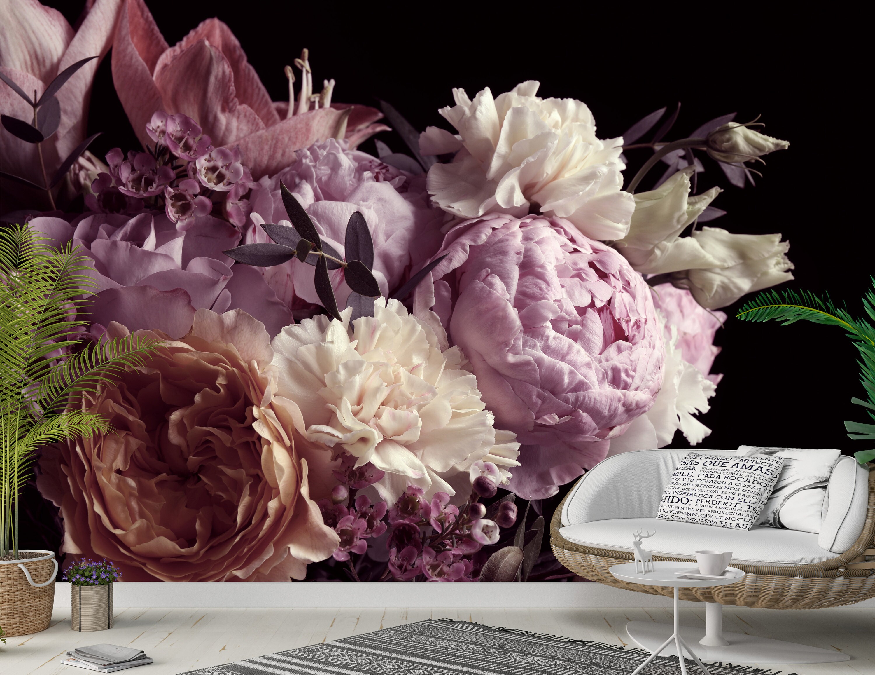 Dark Floral Wallpaper Bouquet Flower Blossom Bedroom Living Etsy UK