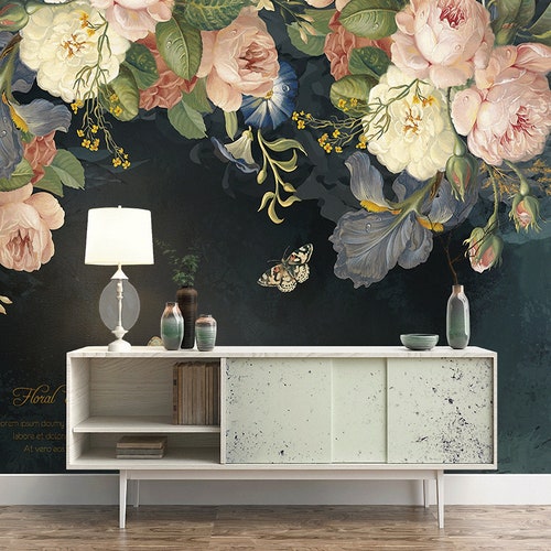 Large Flower Peel and Stick Wallpaper Dark Flowers Removable - Etsy