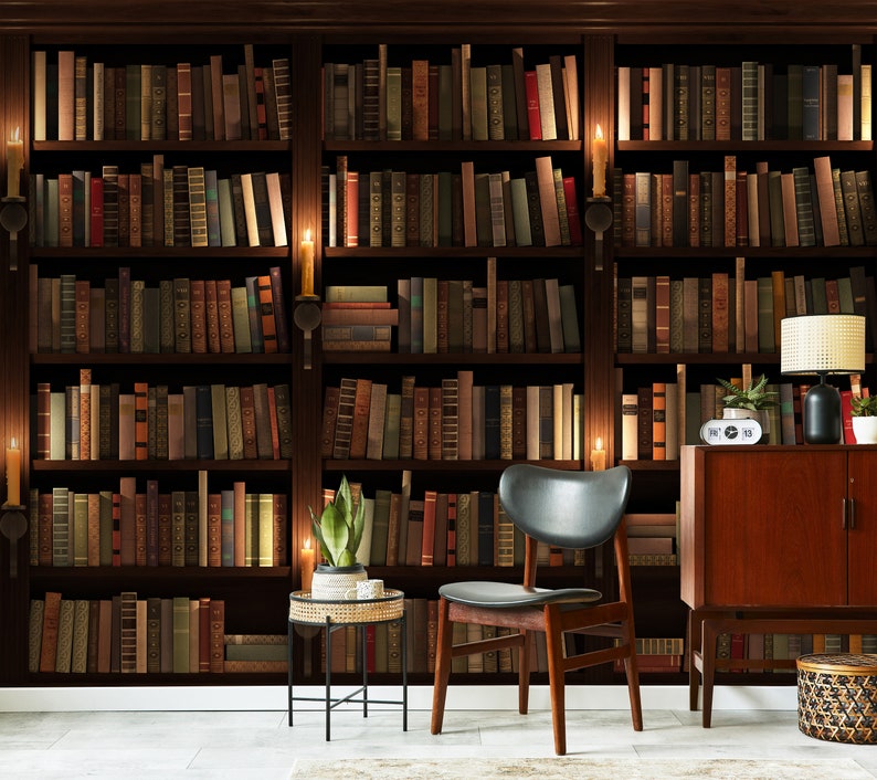 Bookshelf Wallpaper Bookcase Library Peel and Stick Texture Etsy