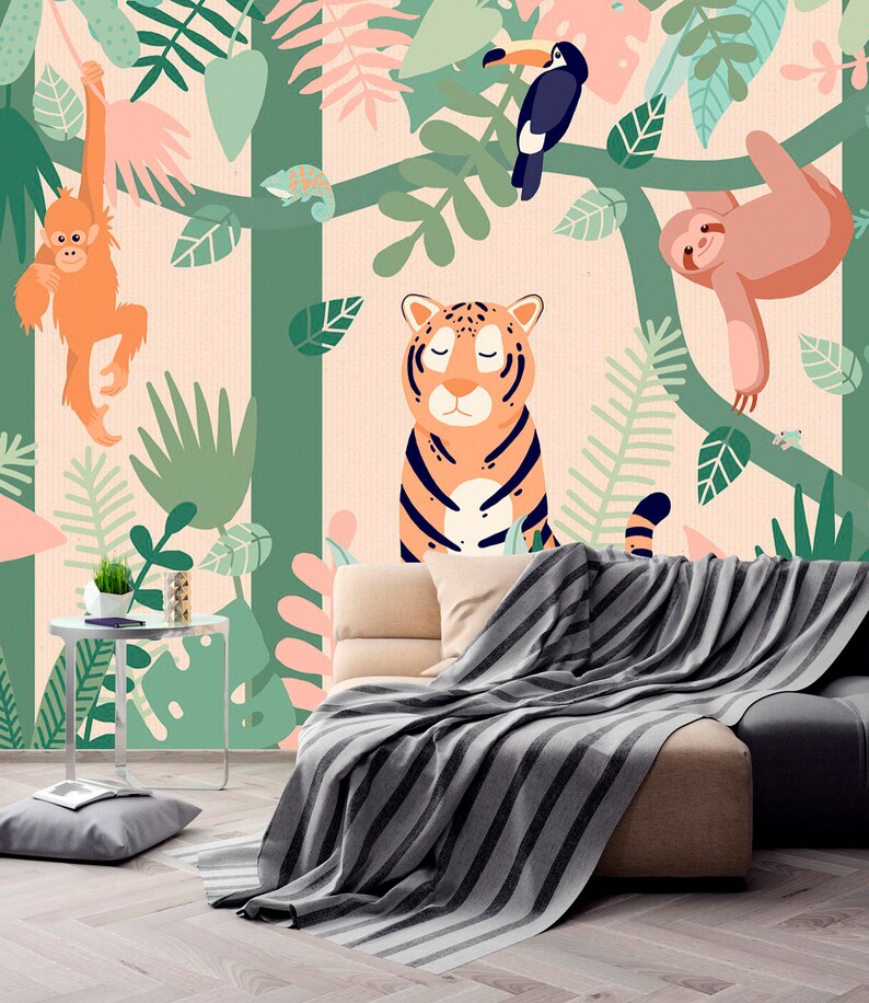 Nursery Wallpaper Jungle Animal Cute Cool Baby Girl Kids Room Etsy