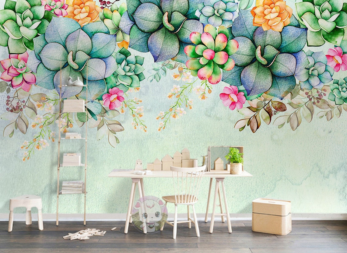 Succulent Flower Wallpaper Minimalist 3d Nordic Floral Peel - Etsy