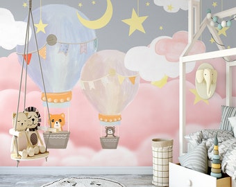 Kids Wallpaper Hot Air Ballon Cartoon Nursery Baby Girl Wall Mural Non Woven Peel And Stick Removable  Kids Room Wall Mural