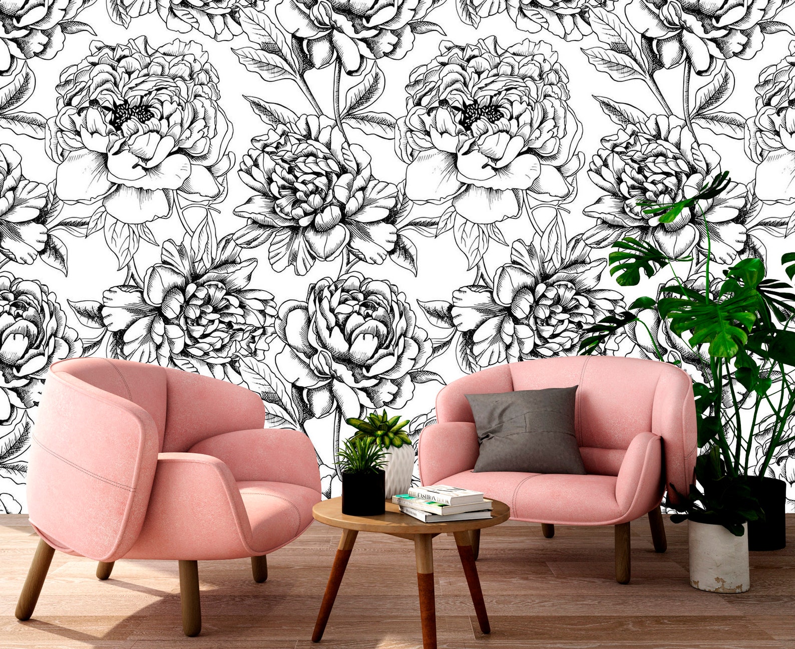 Black And White Flower Wallpaper Illustrated Beautiful | Etsy