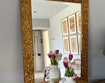 Handmade Ornate Gold Mirror, Wavy Beveled Wood Frame